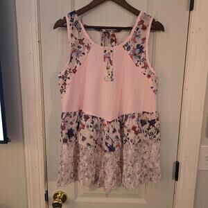 POL Floral Print Scoop Neck Tank with Lace Trim